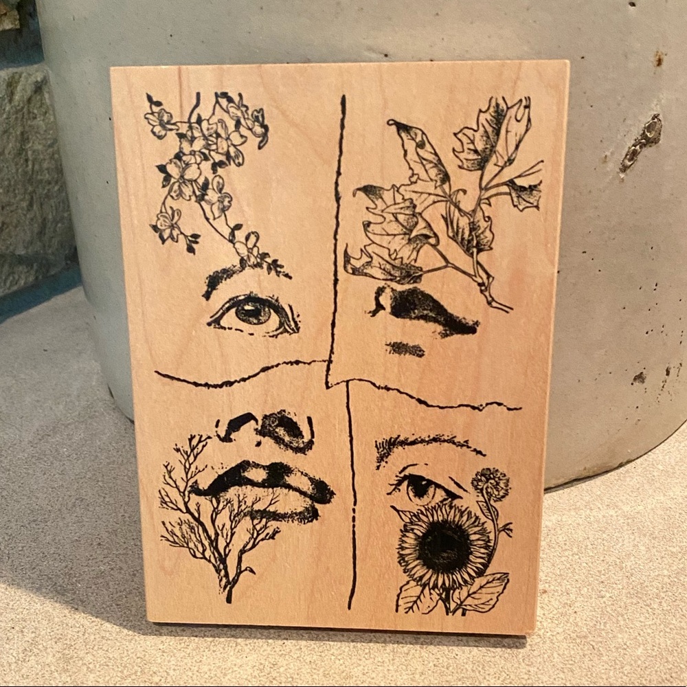 Wood Block Rubber Stamp Eyes & Mouth Floral